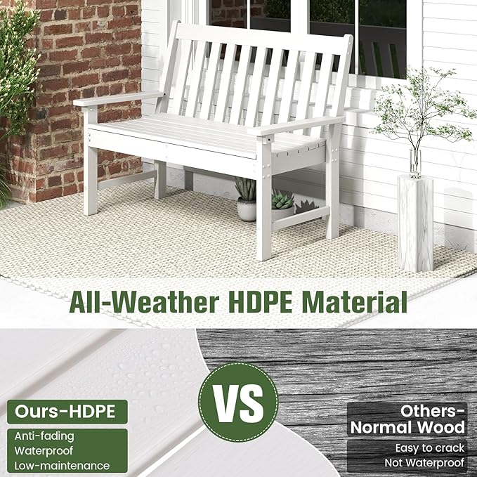 Tangkula HDPE Outdoor Garden Bench with Backrest, 2-Person All-Weather Patio Loveseat Chair with Slatted Seat, 705 lbs Weight Capacity, Patio Benches for Balcony, Garden, Porch, Backyard & Park, White