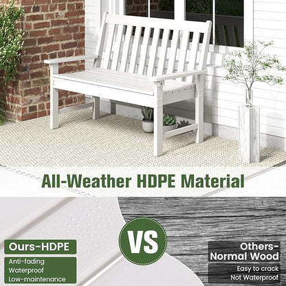 Tangkula HDPE Outdoor Garden Bench with Backrest, 2-Person All-Weather Patio Loveseat Chair with Slatted Seat, 705 lbs Weight Capacity, Patio Benches for Balcony, Garden, Porch, Backyard & Park, White