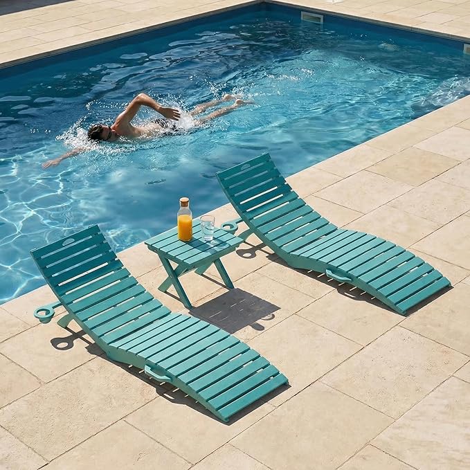 Pre-Assembled Folding in-Pool Lounge Chair, HDPE Outdoor Chaise Lounge with Cup Holder, Pool Lounge Chair for Poolside, Patio, Beach, Deck (Aruba Blue)
