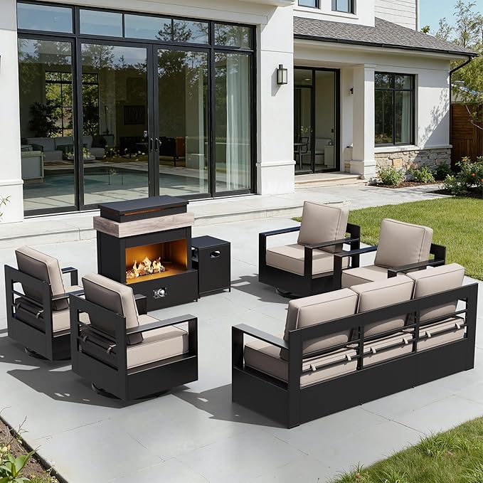 Outdoor Aluminum Furniture Set, 5-Piece Patio Conversation Set, 4 Swivel Chairs, 1 Sofa and 1 Fireplace - Photo 1