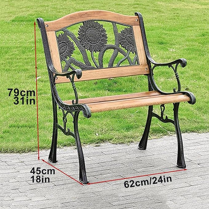 Outdoor Garden Bench, Weatherproof Park Bench, 1-Person Patio Bench with Backrest, Wood & Cast Iron