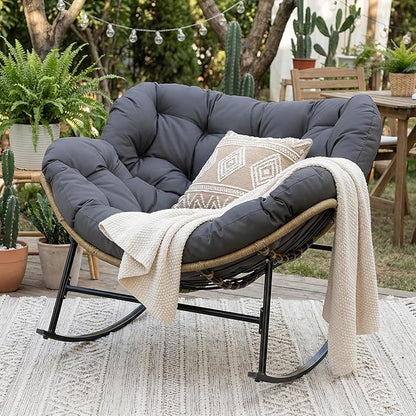 NICESOUL Royal Rocking Papasan Chair Indoor Outdoor, Cushioned Patio Egg Rocking Chair, Oversized Rattan Lounge Rocker, 450 lbs Heavy Duty Comfy Glider for Outside Balcony Lawn Porch, Dark Grey