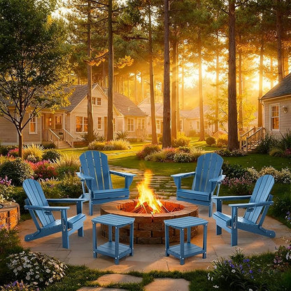 Folding Outdoor Adirondack Chairs Set of 4 with HDPE Side Tables-Plastic Weather Resistant Patio Chairs with Small Outdoor Side Tables 2 Storage for Patio,Fire Pit, Garden and Backyard