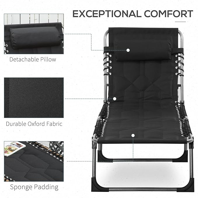 Outsunny Padded Folding Chaise Lounge Chair, Outdoor 6-Level Reclining Camping Tanning Chair with Headrest for Beach - Photo 5