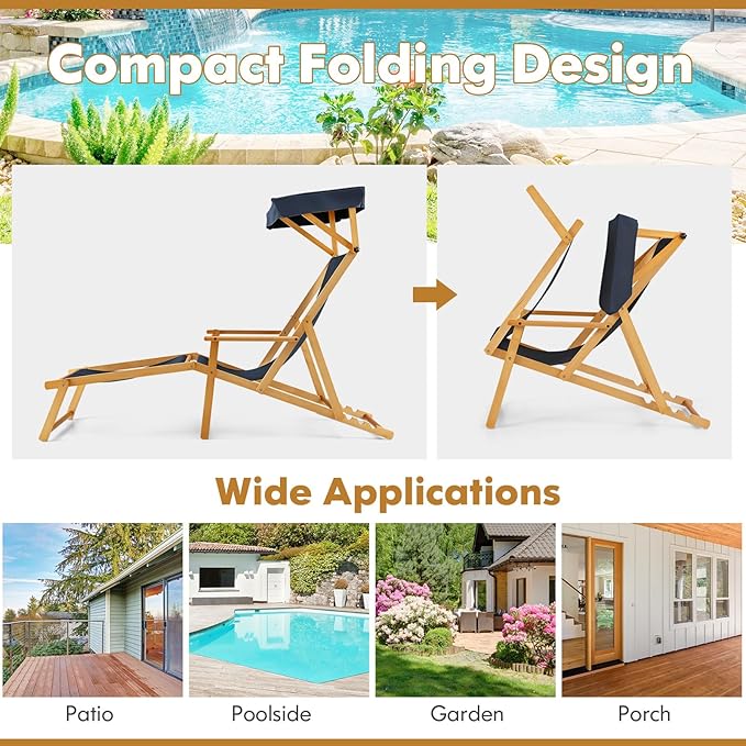 Giantex Lounge Chair Outdoor, Foldable Beach Chaise Lounge with Adjustable Canopy, Replacement Fabric, Wood Frame, Reclining Backrest & Footrest, Camping Chair for Patio, Poolside, Beach (1, Navy)