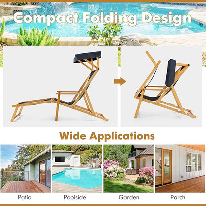Giantex Lounge Chair Outdoor, Foldable Beach Chaise Lounge with Adjustable Canopy, Replacement Fabric, Wood Frame, Reclining Backrest & Footrest, Camping Chair for Patio, Poolside, Beach (1, Navy)