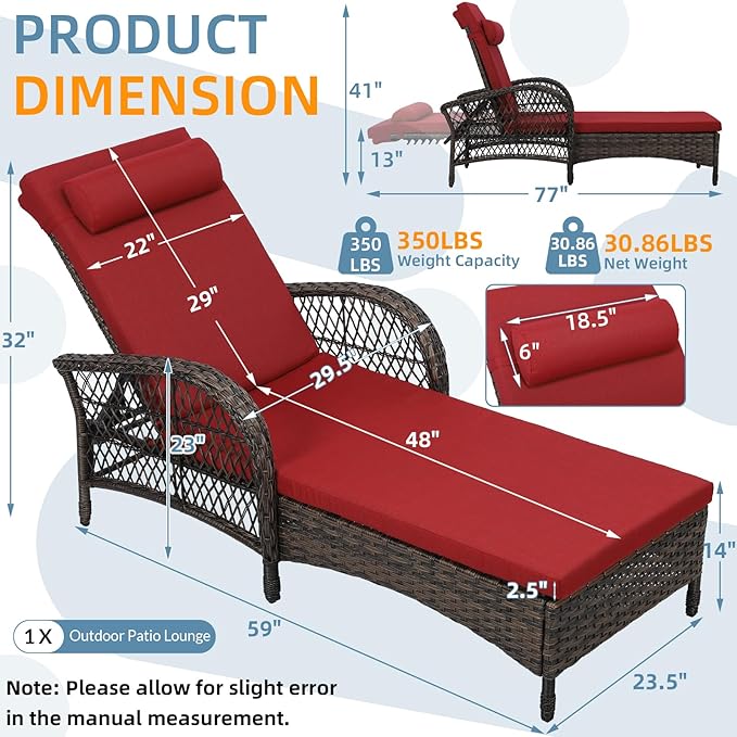 Outdoor Chaise Lounge Chair, PE Wicker Long Recliner Patio Lounge Chair with Cushion - Photo 2
