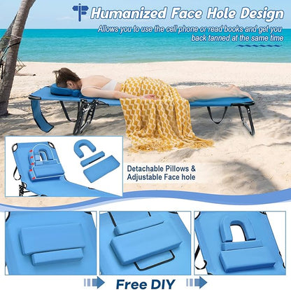 HAPPYGRILL 2PCS Foldable Beach Chaise Lounge Chair with Face Hole & Detachable Pillows, Portable Sunbathing Tanning Chair with 5 Adjustable Positions, Outdoor & Indoor Recliner for Beach Camping Patio