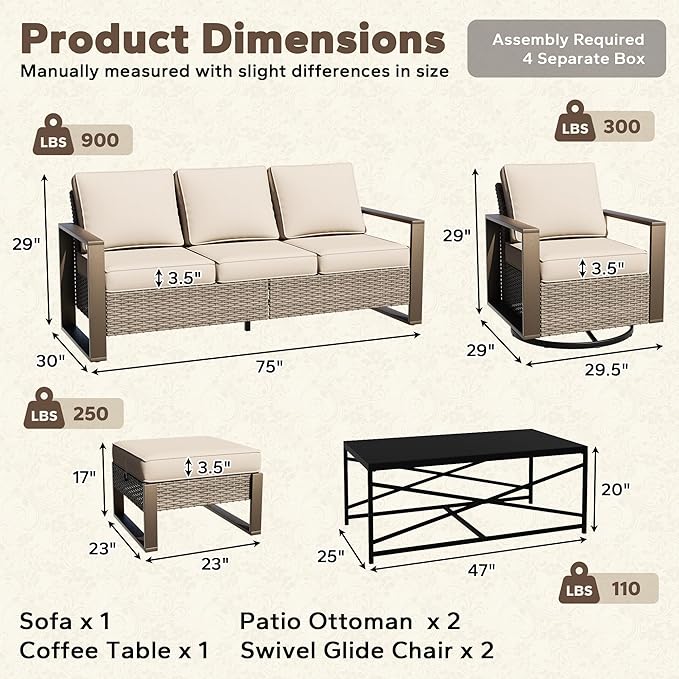 6 Pieces Metal Wicker Patio Furniture Set - 75" Sofa, Two Swivel Chairs and Two Ottomans - Photo 2