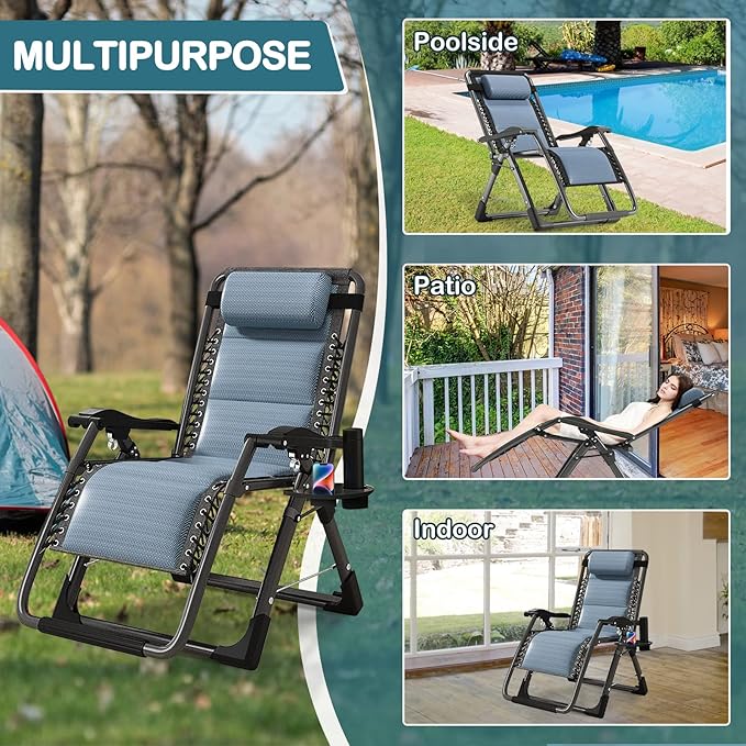 NAIZEA Padded Zero Gravity Chair, Cooling Fabric Folding Outdoor Lounge Chairs - Photo 3