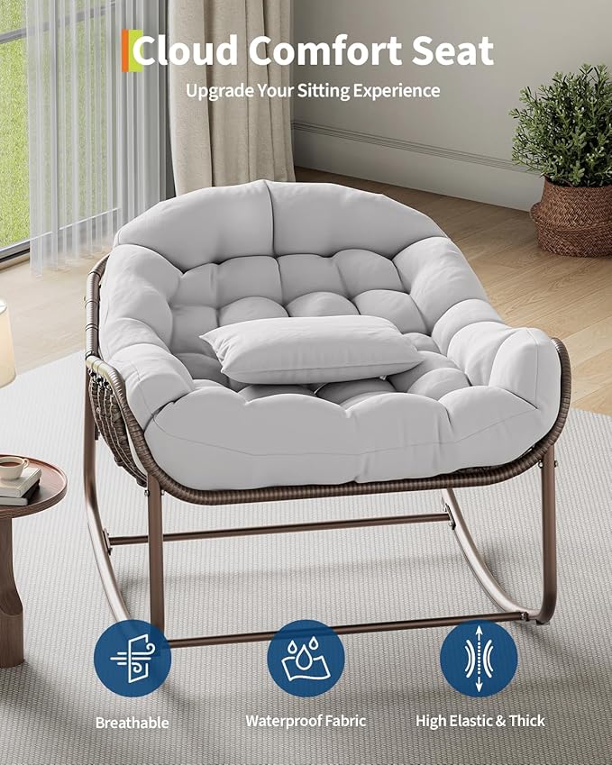 GarveeLife Outdoor Papasan Rocking Chair, Oversized Wicker Lounge Chair with Cushion and Metal Frame, Patio Rattan Egg Rocker for Balcony Backyard Porch Bedroom, White