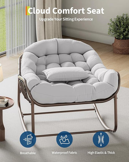 GarveeLife Outdoor Papasan Rocking Chair, Oversized Wicker Lounge Chair with Cushion and Metal Frame, Patio Rattan Egg Rocker for Balcony Backyard Porch Bedroom, White