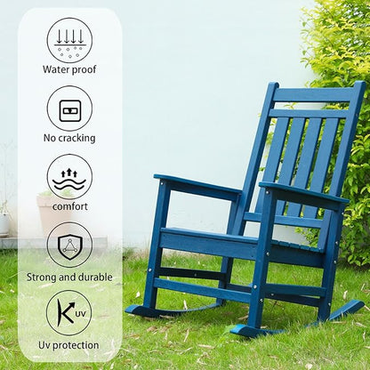 Outdoor Rocking Chair for Adults, High Back Patio Rocking Chair, HDPE All Weather Resistant Porch Rocker for Lawn, Porch, Backyard, Indoor and Garden (Navy Blue)