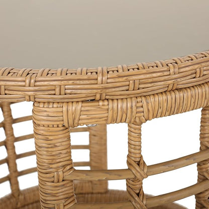 F-Light Rattan Side Tables, Outdoor Round Rattan Coffee Table with Tempered Glass Top for Porch Bistro Set, Brown