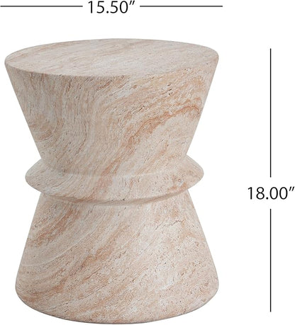 Outdoor Side Table Faux Marble End Table Faux Stone Side Tables Travertine Small Coffee Tables for Indoor Outdoor, Garden Stool Plant Stand for Porch, Backyard Patio, 15.5"-Drum