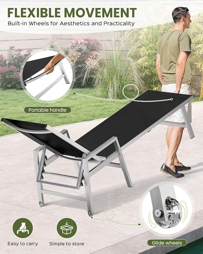 Patio Chaise Lounge Chair Outdoor with Wheels&Armrests, Aluminum Pool Lounge Chairs Set of 2 Five-Position Adjustable Recliner, Outdoor Beach Lounge Chairs for Poolside, Patio, Deck, Garden, Black