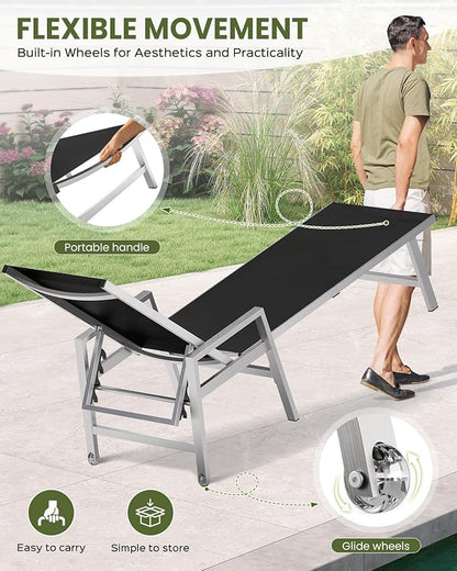 Patio Chaise Lounge Chair Outdoor with Wheels&Armrests, Aluminum Pool Lounge Chairs Set of 2 Five-Position Adjustable Recliner, Outdoor Beach Lounge Chairs for Poolside, Patio, Deck, Garden, Black