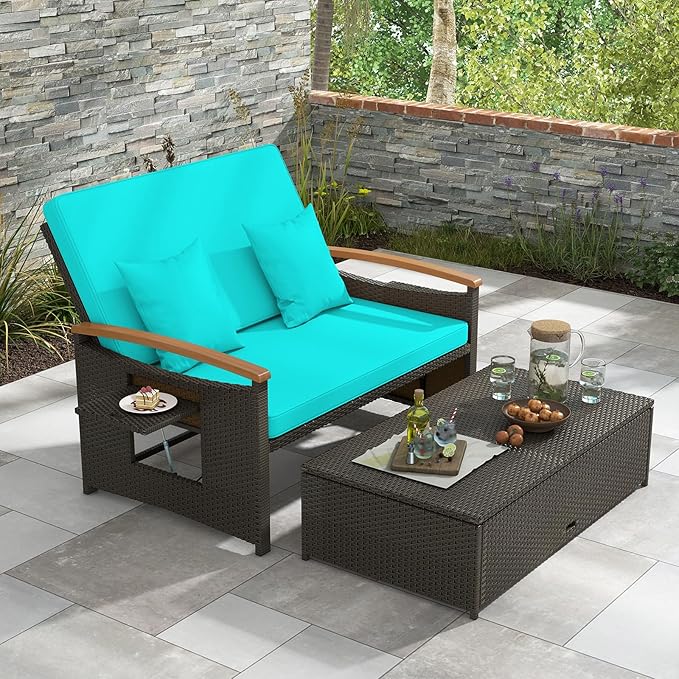 Moccha Outdoor Wicker Daybed, Patio Rattan Loveseat Sofa w/ 4-Level Adjustable Backrest, Folding Panels, Storage Ottoman & Cushions, Lounge Furniture Set for Poolside Backyard Porch (Turquoise)