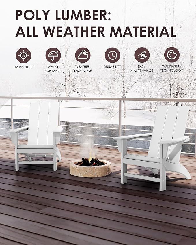 Poly Lumber Adirondack Chair with Cup Holder, All-Weather Resistant Outdoor Patio Chairs, Look Like Wood, Pre-Assembled Outdoor Fire Pit Chair for Pool, Deck, Backyard, Garden, White