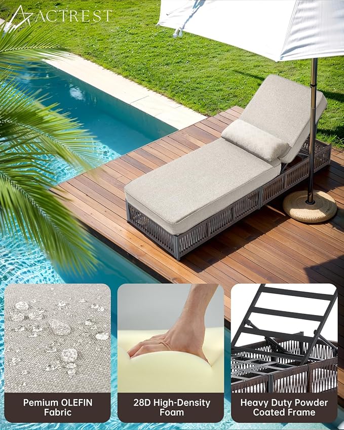 Luxury Outdoor Chaise Lounge with 5 Inch Thickened Cushions - 1 Set High Back Brown Wicker Patio Recliners Rattan - Photo 4