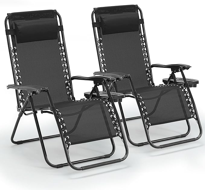Zero Gravity Chair Set of 2, Folding Reclining Zero Gravity Recliner Lounge Chair 330lbs with Pillow and Cup Holder Trays, Steel Mesh Outdoor recliners for Patio Poolside Backyard Beach (Black)