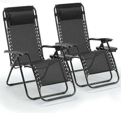 Zero Gravity Chair Set of 2, Folding Reclining Zero Gravity Recliner Lounge Chair 330lbs with Pillow and Cup Holder Trays, Steel Mesh Outdoor recliners for Patio Poolside Backyard Beach (Black)