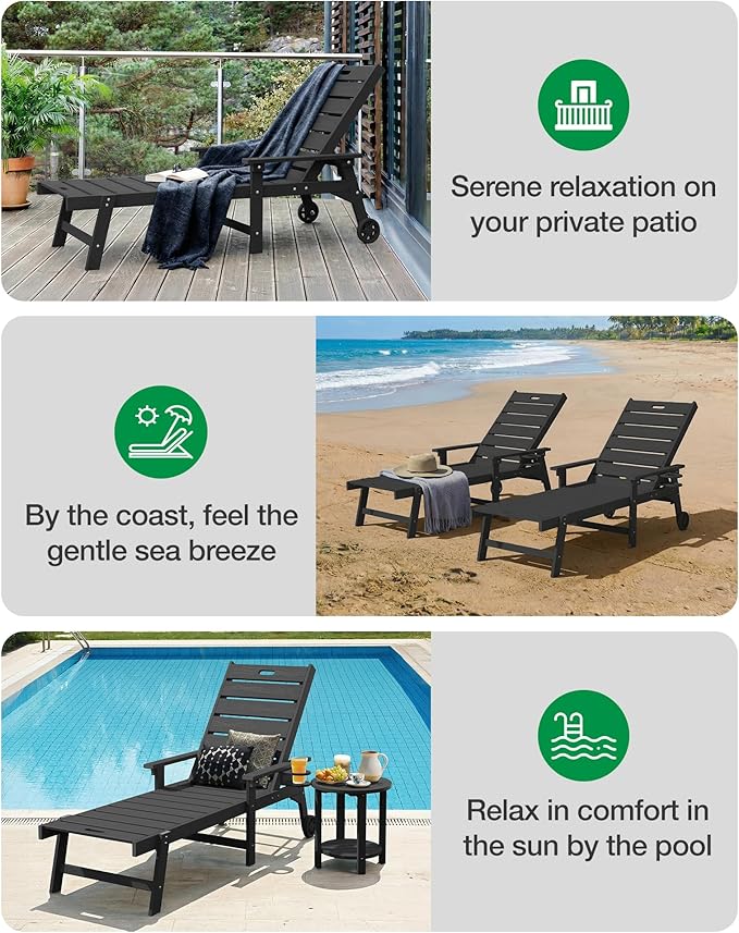 YEFU Lounge Chair Outdoor Chaise : Outdoor Chaise Lounge with 5-Level Adjustable Backrest, Cup Holders & Wheels, All-Weather Resistance Chaise Lounge for Outside/Patio/Beach/Deck, Black