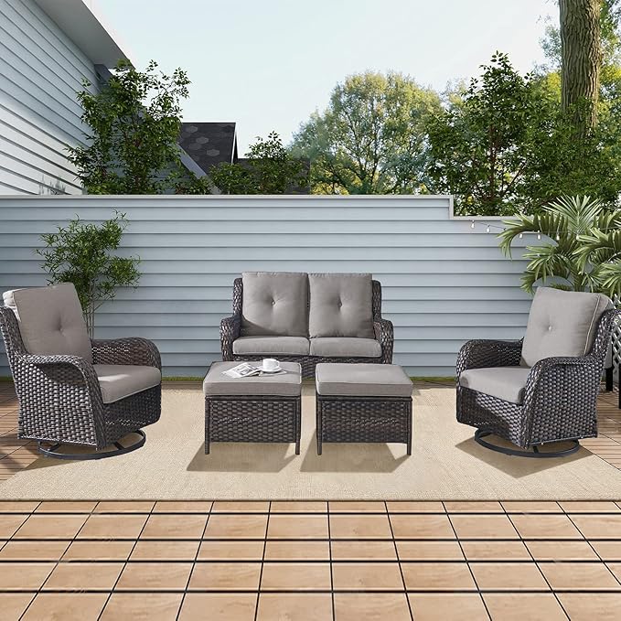 Rilyson Wicker Patio Furniture Set - 5 Piece Rattan Outdoor Sectional Conversation Sets with 2 Rocking Swivel Chairs - Photo 8