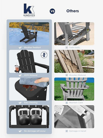 KINGYES Folding Adirondack Chair, HDPE All-Weather Patio Chairs with Cup Holder, Wooden Textured Fire Pit Chairs for Poolside, Backyard, Deck, Black
