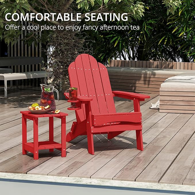 LUE BONA Folding Adirondack Chair Set of 6, Bright Red HDPS Fire Pit Patio Chairs Weather Resistant, Modern Plastic Outdoor Chairs with Cup Holder