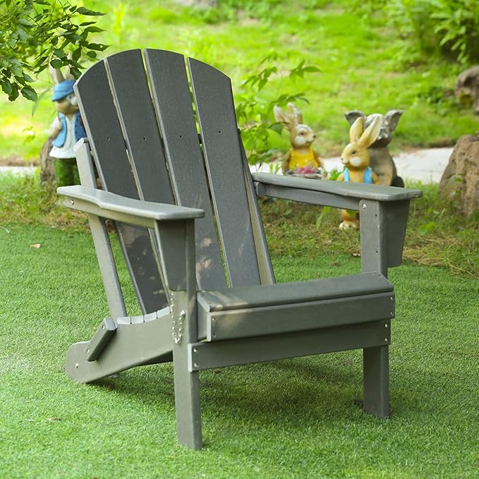 Folding Adirondack Chair, All-Weather Fire Pit Chairs, Oversized All Weather Resistant Outdoor Adirondack Chair for Firepit Area BBQ Beach Deck Garden Lawn Backyard Pool (Antique Gray)