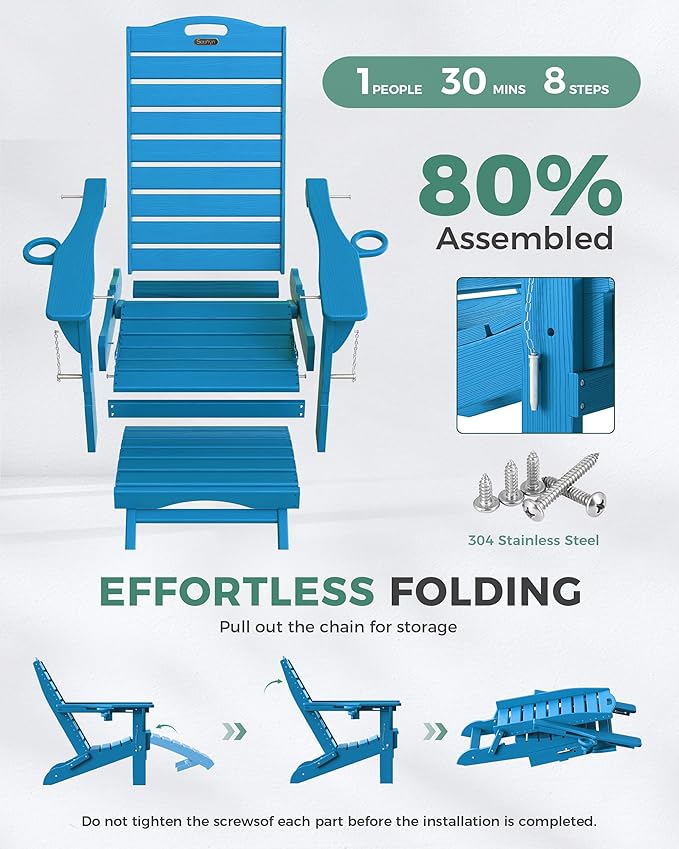 Folding Adirondack Chair with Retractable Ottoman Weather Resistant Fire Pit Chair Patio Chair with 2 Cup Holder Lawn - Photo 7