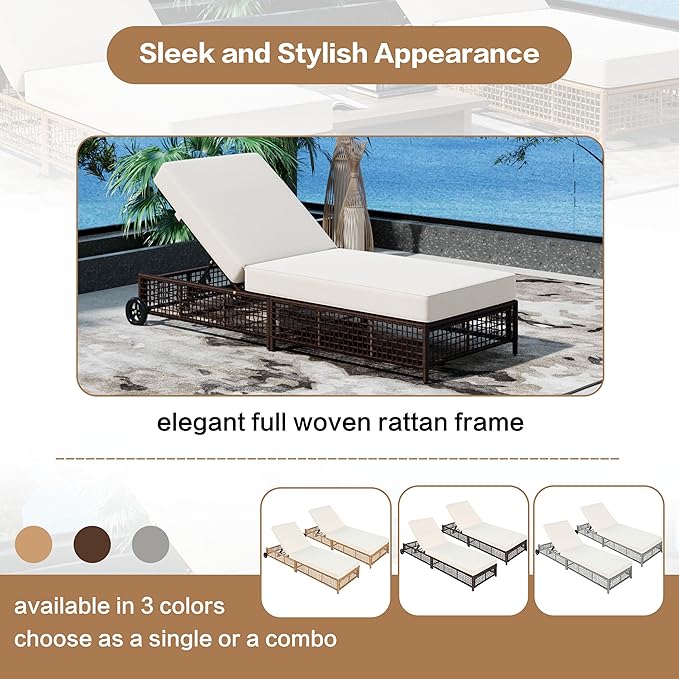 Sleek Outdoor Patio Chaise Lounge with 5-Position Adjustable Backrest, All-weather Rattan Lounge Chair Reclining with Cushion and Wheels for Porch Backyard Balcony Poolside Garden (Brown+Beige1)