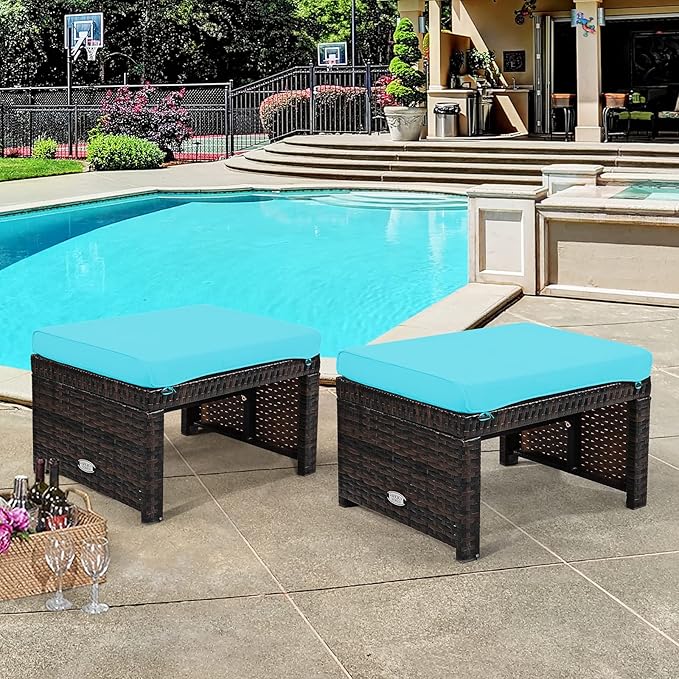 Tangkula 2 Pieces Patio Rattan Ottomans, All Weather Outdoor Footstool Footrest Seat with Soft Cushion, Hidden Zipper - Photo 2