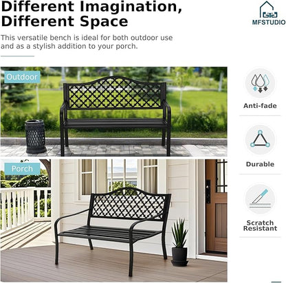 MFSTUDIO Outdoor Metal Bench Set of 2, 50" Black Outdoor Metal Garden Bench, Cast Iron Frame Patio Furniture with E-Coating, Perfect for Porch and Yard