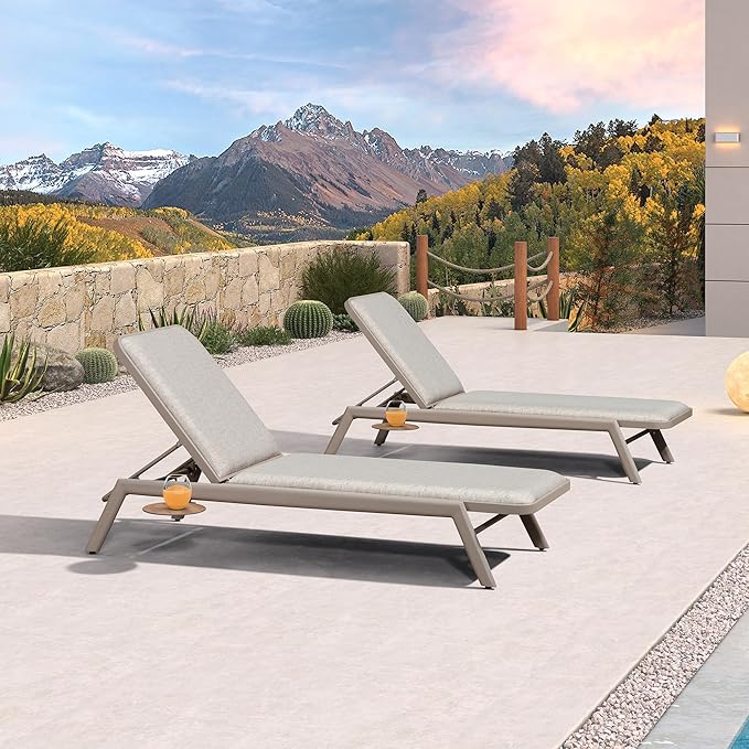 PURPLE LEAF Patio Chaise Lounge Outdoor Set of 2 with Cushion Aluminum Tanning Chair Lounge Adjustable Reclining Set Champagne