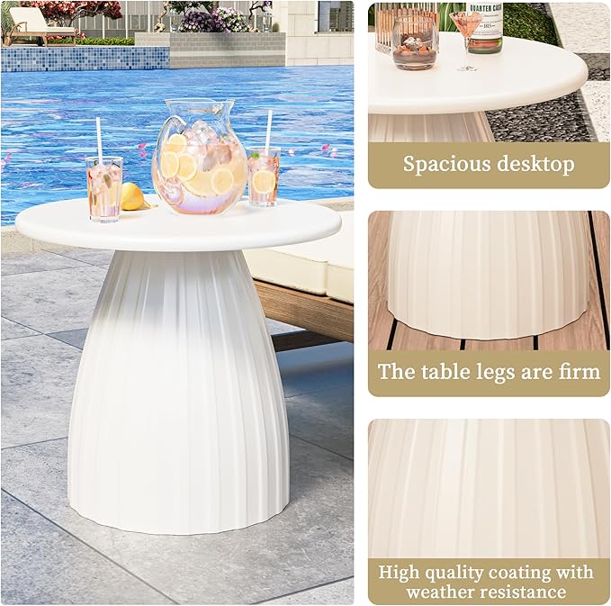 Round Small Patio Side Table, Metal Steel Outdoor Side Table, Patio Accent End Table for Garden, Pool, Deck, Balcony, Yard, Living Room, White, Weather Resistant, No Assembly