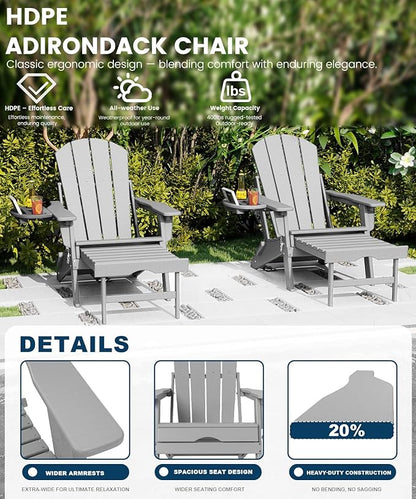 FOOWIN Folding Adjustable Adirondack Chair with Retractable Ottoman Set of 2, HDPE Adirondack Chair w/4 in 1 Cup Holder Trays,All-Weather Resistant Fire Pit Chair for Outdoor Patio Lawn, White Grey