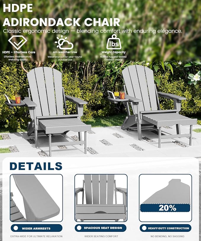 FOOWIN Folding Adjustable Adirondack Chair with Retractable Ottoman Set of 8, HDPE Adirondack Chair w/4 in 1 Cup Holder Trays,All-Weather Resistant Fire Pit Chair for Outdoor Patio Lawn, White Grey