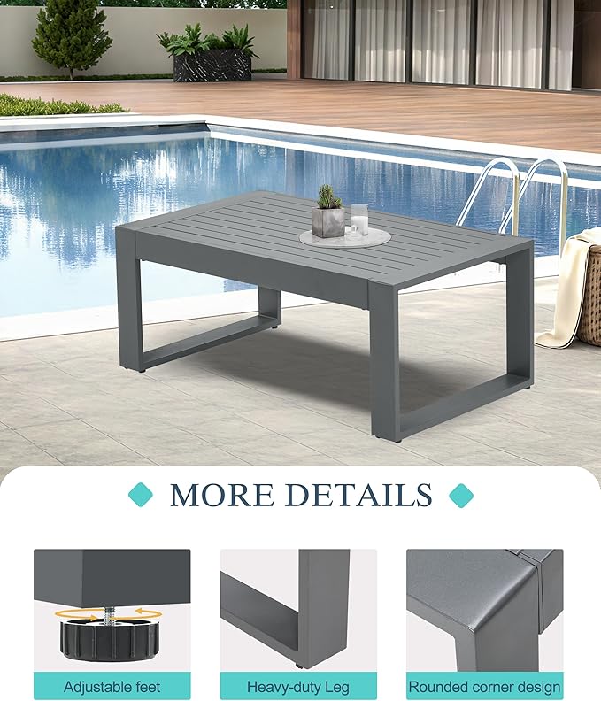 BPS Aluminum Outdoor Patio Furniture Coffee Table, Modern Rectangle All-Weather Patio Metal Coffee Side Table, for Balcony, Garden, Indoor or Outdoor Use