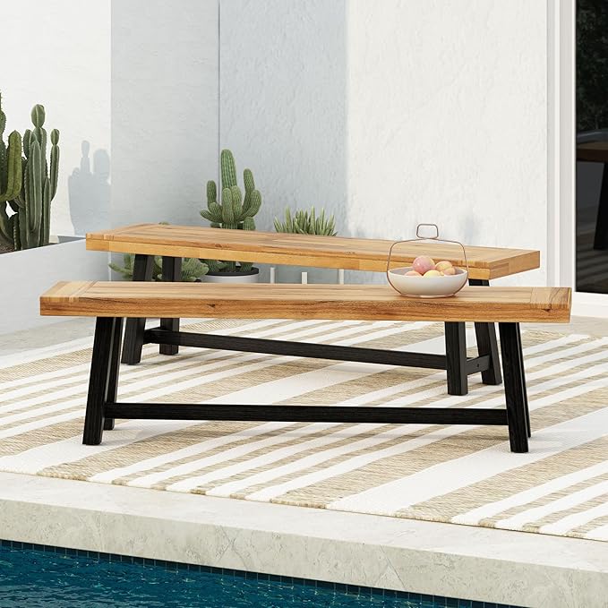 Merax 2-Piece Acacia Wood Outdoor Benches Set, 63" Rustic Patio Bench with Sandblast Teak Finish and H-Stretcher Design, Solid Hardwood Garden Bench for Dining, Porch, Fire Pit, Teak+Black