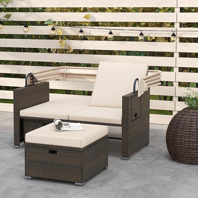 RELAX4LIFE Wicker Outdoor Daybed with Canopy - Rattan Loveseat Sofa Set w/Storage Ottomans, Adjustable Back, Retractable Trays, Sunbed Double Chaise Lounge for Backyard, 2-Seater Patio Daybed (Beige)