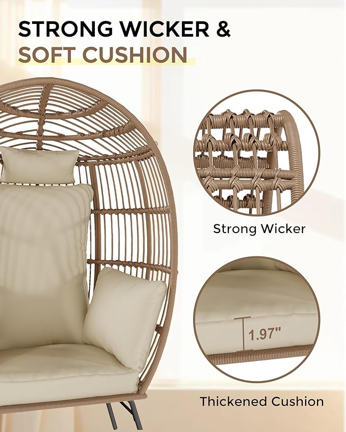 GarveeLife Oversize Wicker Egg Chair with Ottoman, Egg Basket Lounge Chair with Thick Cushion - Photo 4