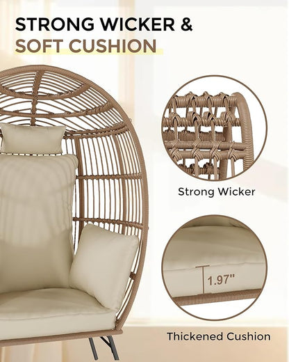 GarveeLife Oversize Wicker Egg Chair with Ottoman, Egg Basket Lounge Chair with Thick Cushion, Comfy Egg Rattan Seat for Indoor Outdoor Patio Porch Backyard, Beige