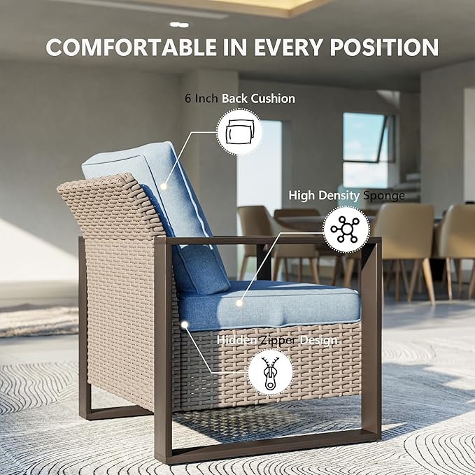 Patio Chairs Set of 2, Outdoor Wicker Chair Metal Patio Furniture with Deep Seating, Thicken Cushions for Deck, Porch, Yard Use (Azure, 2 PCS/Chairs)