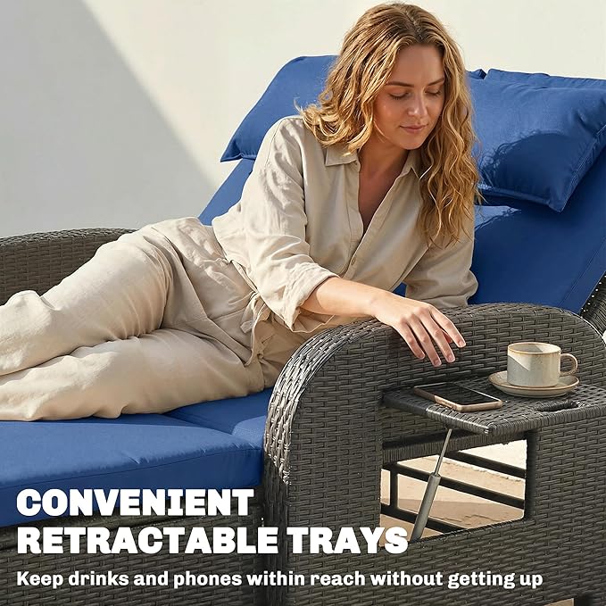 Outsunny Patio Rattan Daybed, Wicker Outdoor Daybed with Storage Ottoman, Loveseat Sofa with Adjustable Backrest, Side Tables, Cushions, Headrests, Double Sunbed Lounger for Balcony, Navy Blue