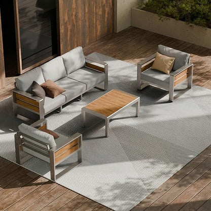 ZANDOR Aluminum Outdoor Patio Conversation Furniture Set, 4 PCS Metal Modern Outside Sectional Lawn Furniture with Coffee Table & Washable Thick Cushions,Seating Sofa for Garden/Backyard/Porch Silver