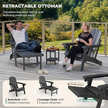 BRIOPAWS Adirondack-Chairs-with-Pull-Out-Footrest | Set of 2 | Folding | HDPE Plastic | Fire Pit Chair | All Weather | Cup Holders | Curved Back | Retractable Ottoman | for Poolside Deck | Black