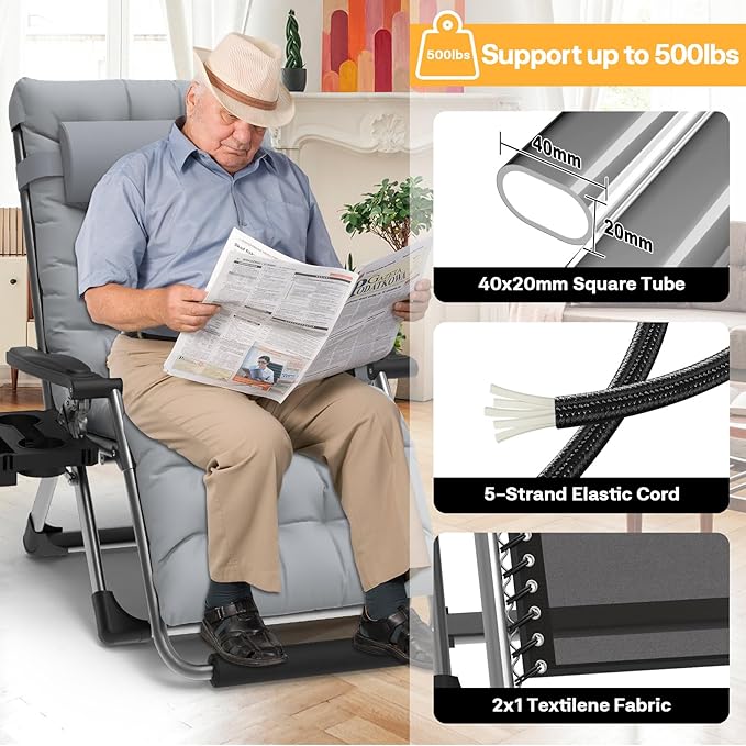 Slendor Oversized Zero Gravity Chairs XXL, 33In Padded Zero Gravity Lounge Chair, Lawn Recliner, Folding Patio Reclining Chair w/Aluminum Alloy Lock, Headrest, Cup Holder, Support 500lbs, Grey