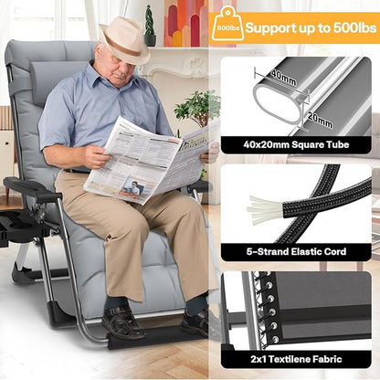 Slendor Oversized Zero Gravity Chairs XXL, 33In Padded Zero Gravity Lounge Chair, Lawn Recliner, Folding Patio Reclining Chair w/Aluminum Alloy Lock, Headrest, Cup Holder, Support 500lbs, Grey
